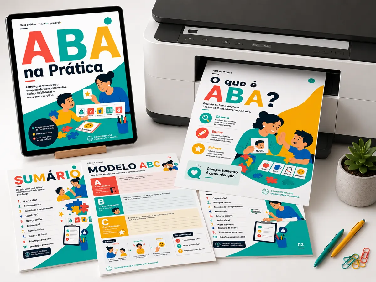 Mockup do material ABA na Prática em livro, tablet e celular